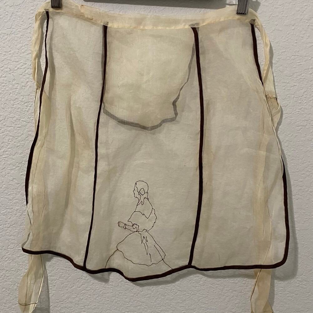Vintage Organdy Tea Apron Colonial Lady Embroidered Sheer